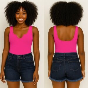 Zenana Sleeveless V-Neck Bodysuit Hot‎ Pink Tank Top Casual Stretch Size S